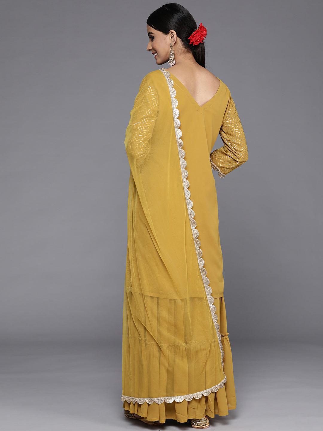 Mustard Sequinned Georgette Straight Kurta With Sharara & Dupatta