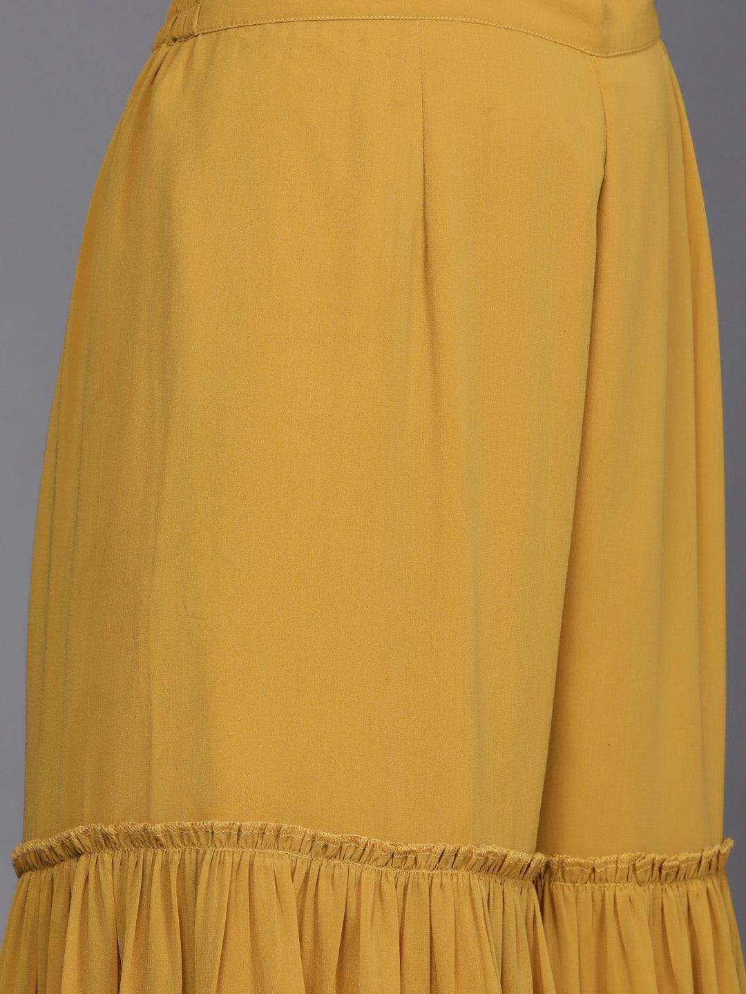 Mustard Sequinned Georgette Straight Kurta With Sharara & Dupatta