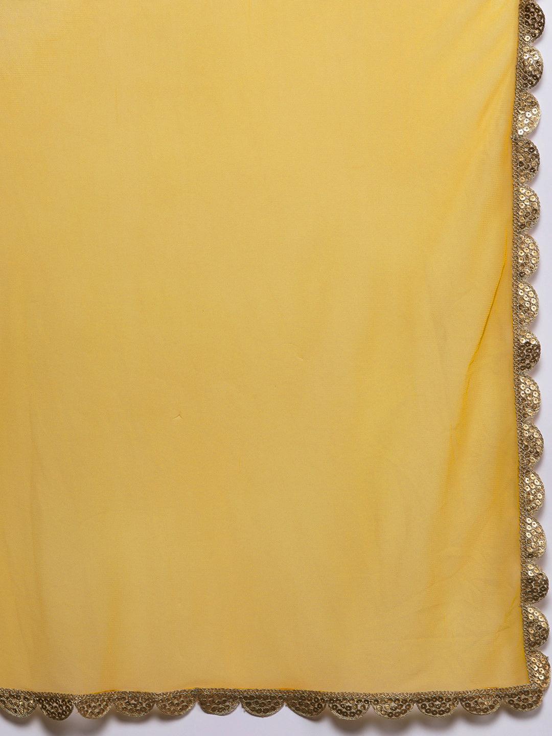 Mustard Sequinned Georgette Straight Kurta With Sharara & Dupatta