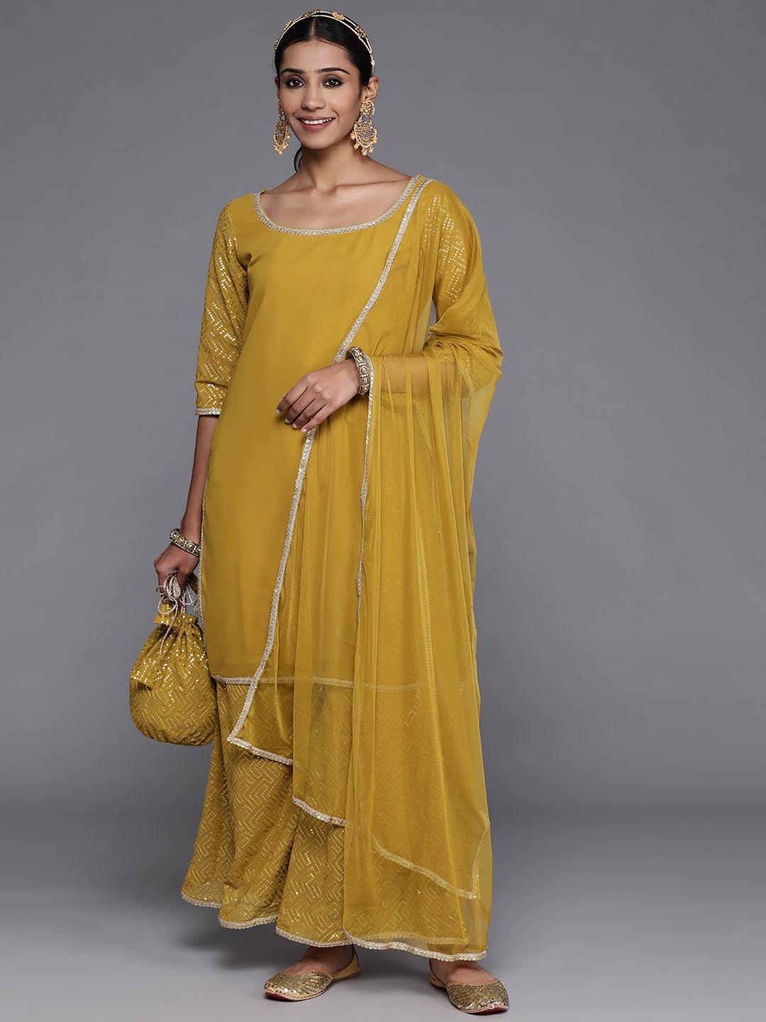 Mustard Solid Georgette Straight Kurta With Palazzos & Dupatta