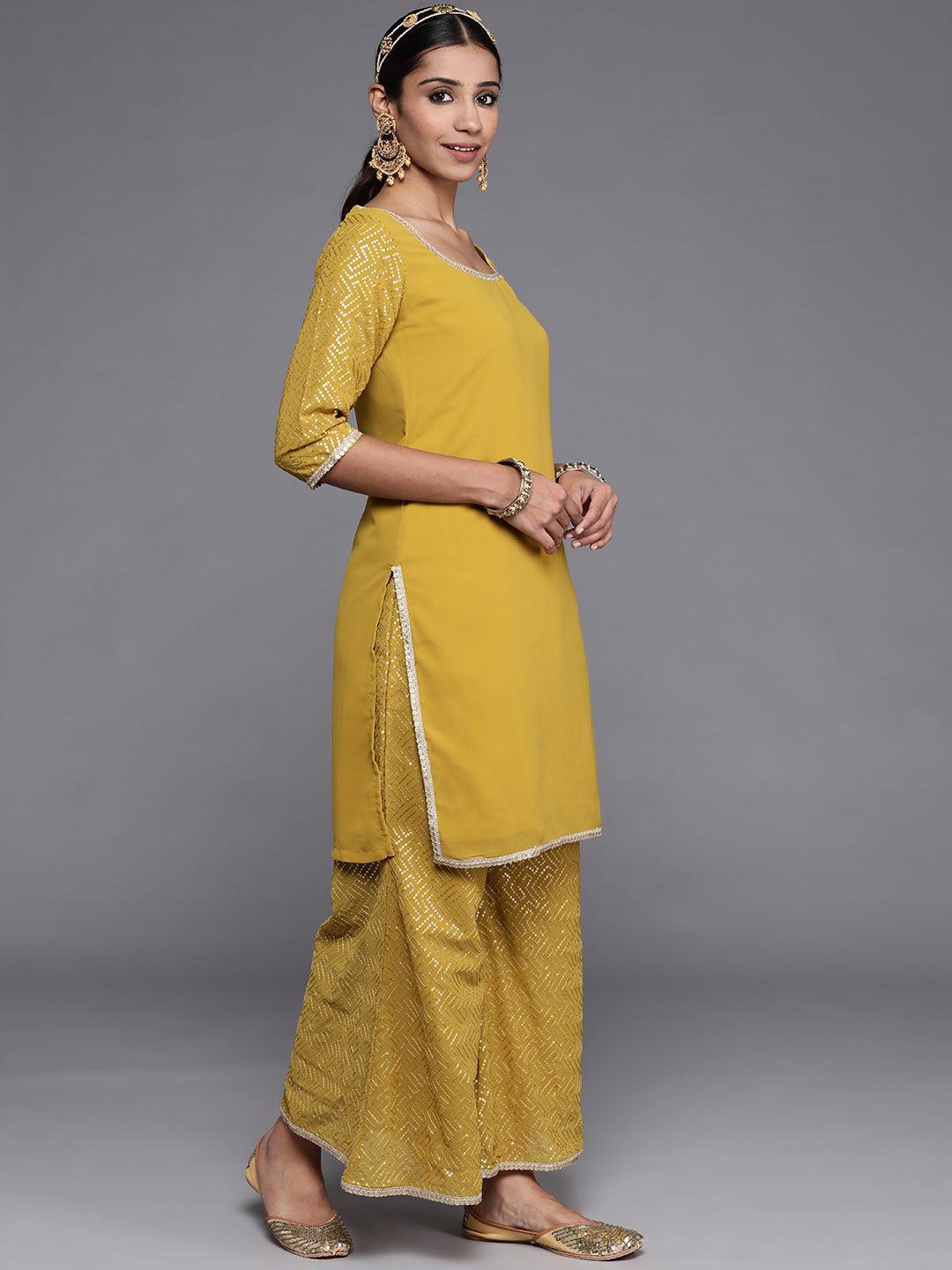 Mustard Solid Georgette Straight Kurta With Palazzos & Dupatta