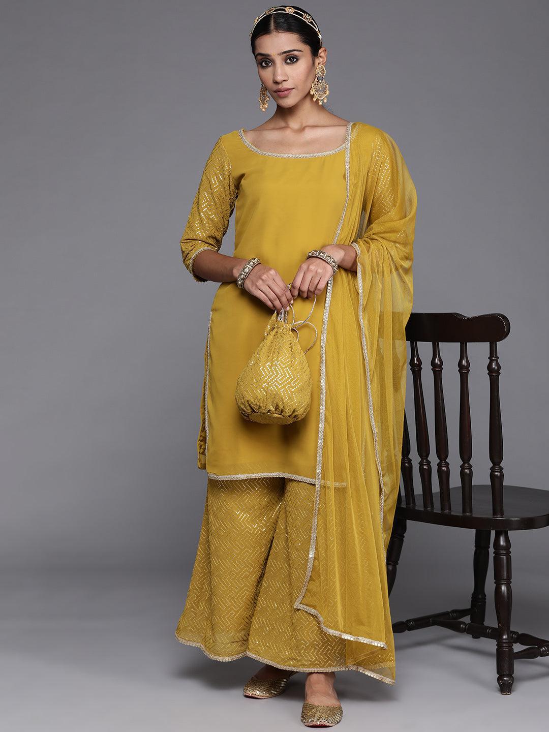 Mustard Solid Georgette Straight Kurta With Palazzos & Dupatta