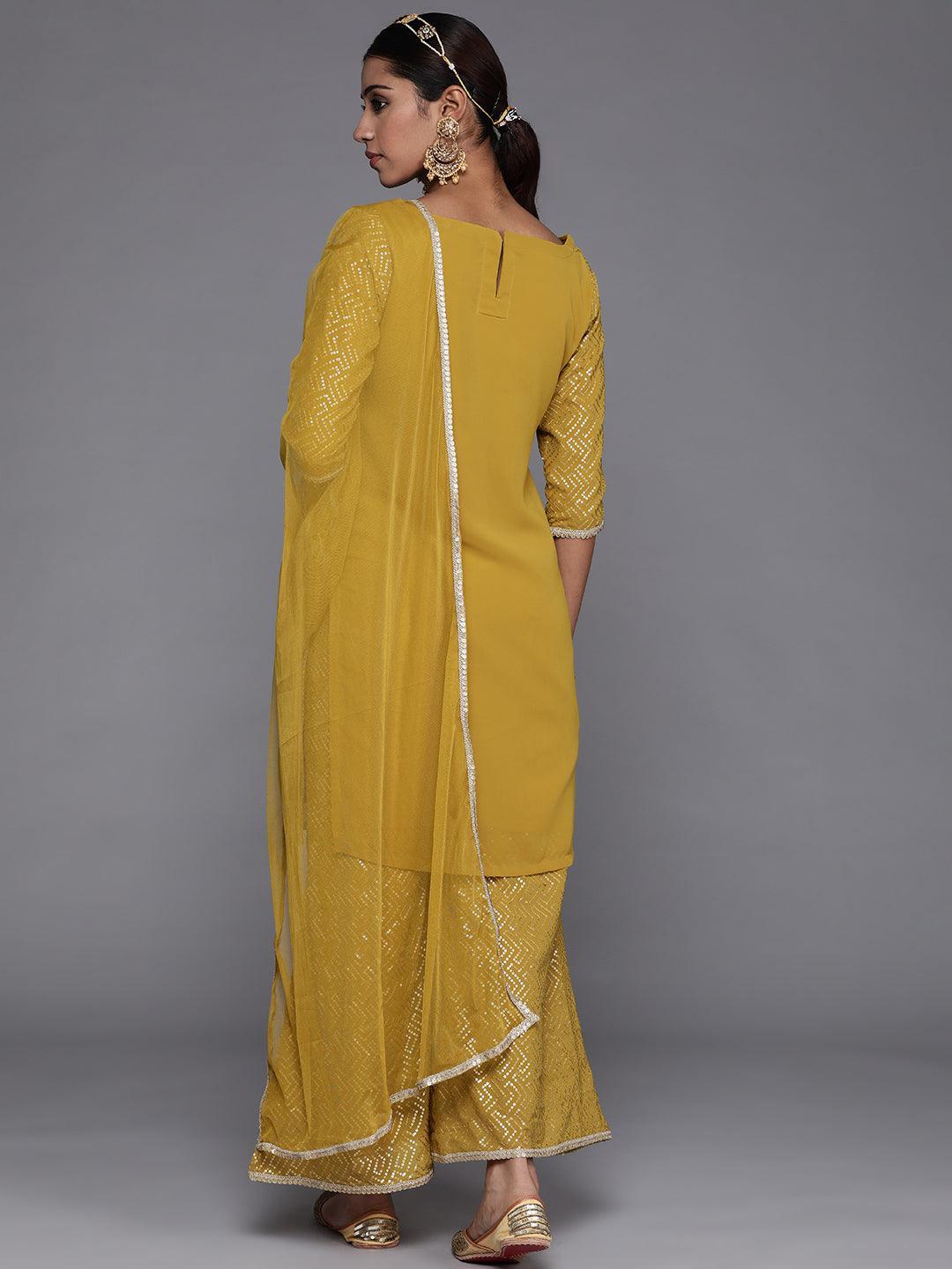 Mustard Solid Georgette Straight Kurta With Palazzos & Dupatta