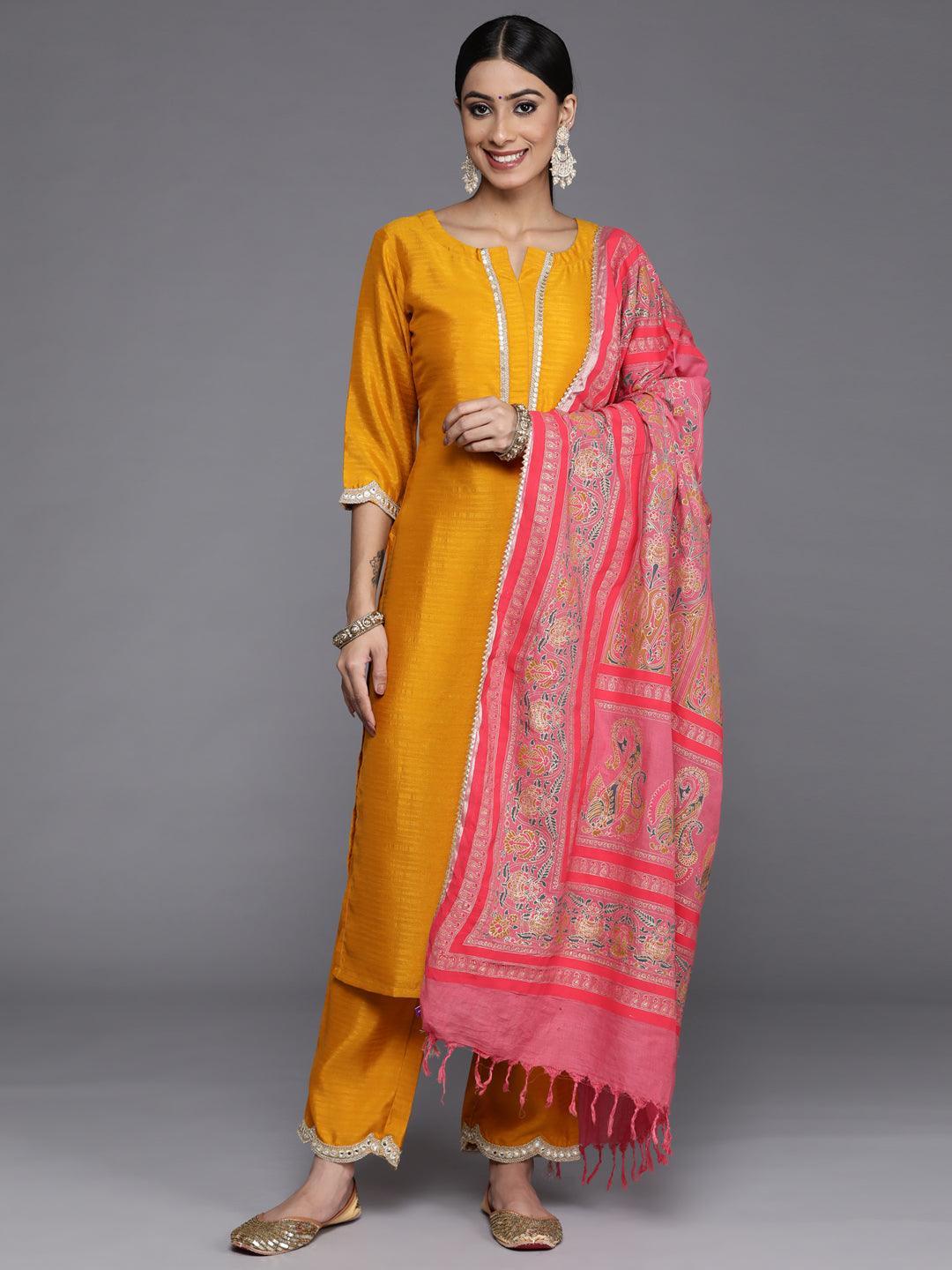 Mustard Solid Silk Blend Straight Kurta With Palazzos & Dupatta