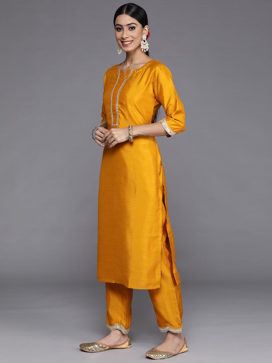 Mustard Solid Silk Blend Straight Kurta With Palazzos & Dupatta