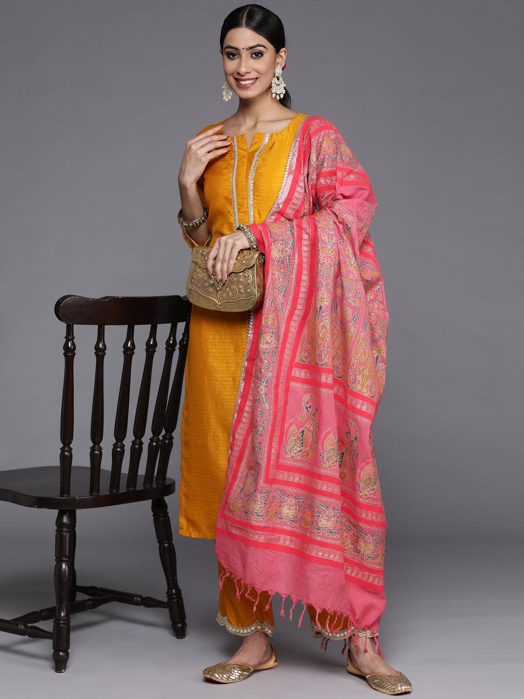 Mustard Solid Silk Blend Straight Kurta With Palazzos & Dupatta