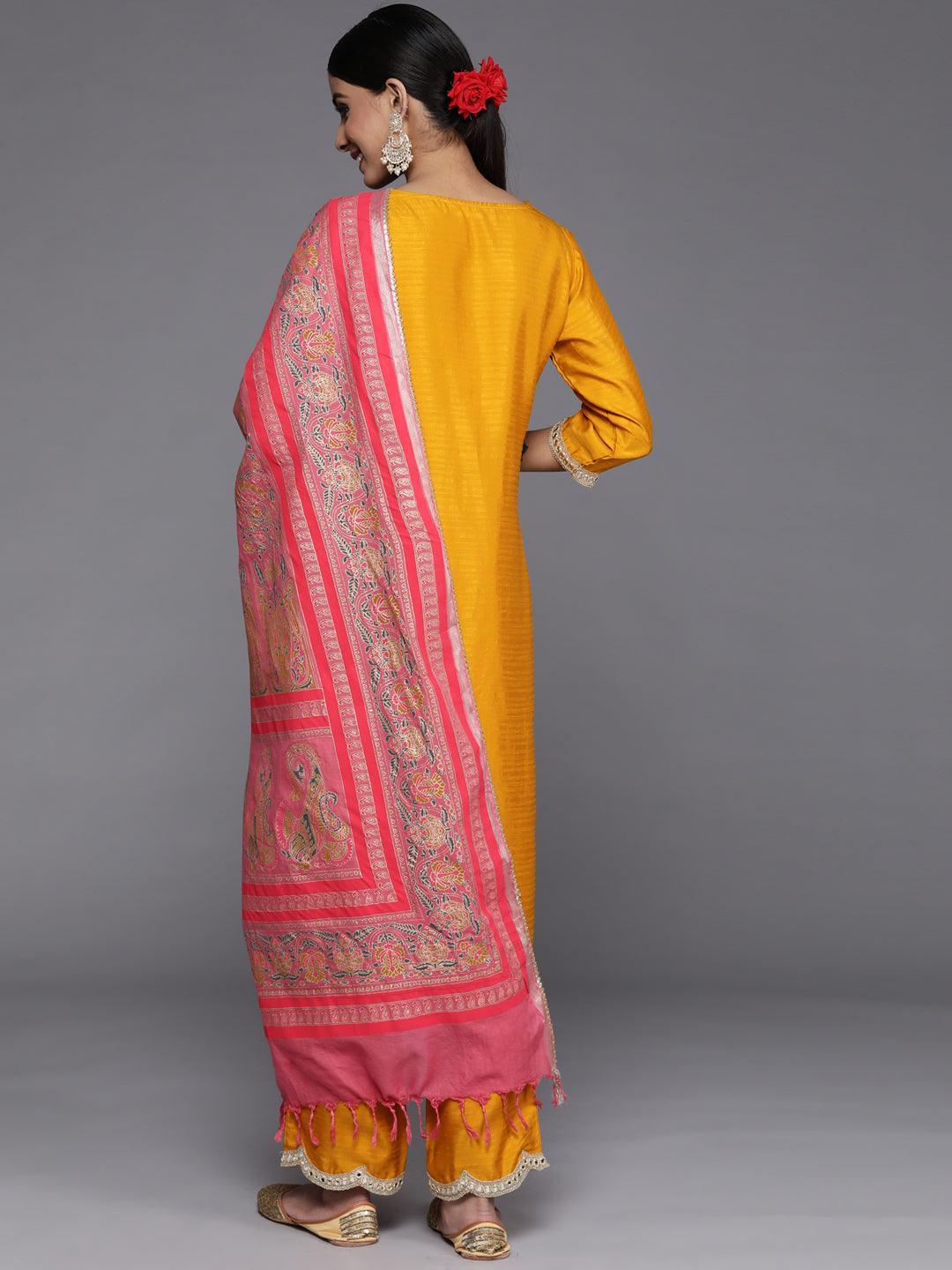 Mustard Solid Silk Blend Straight Kurta With Palazzos & Dupatta