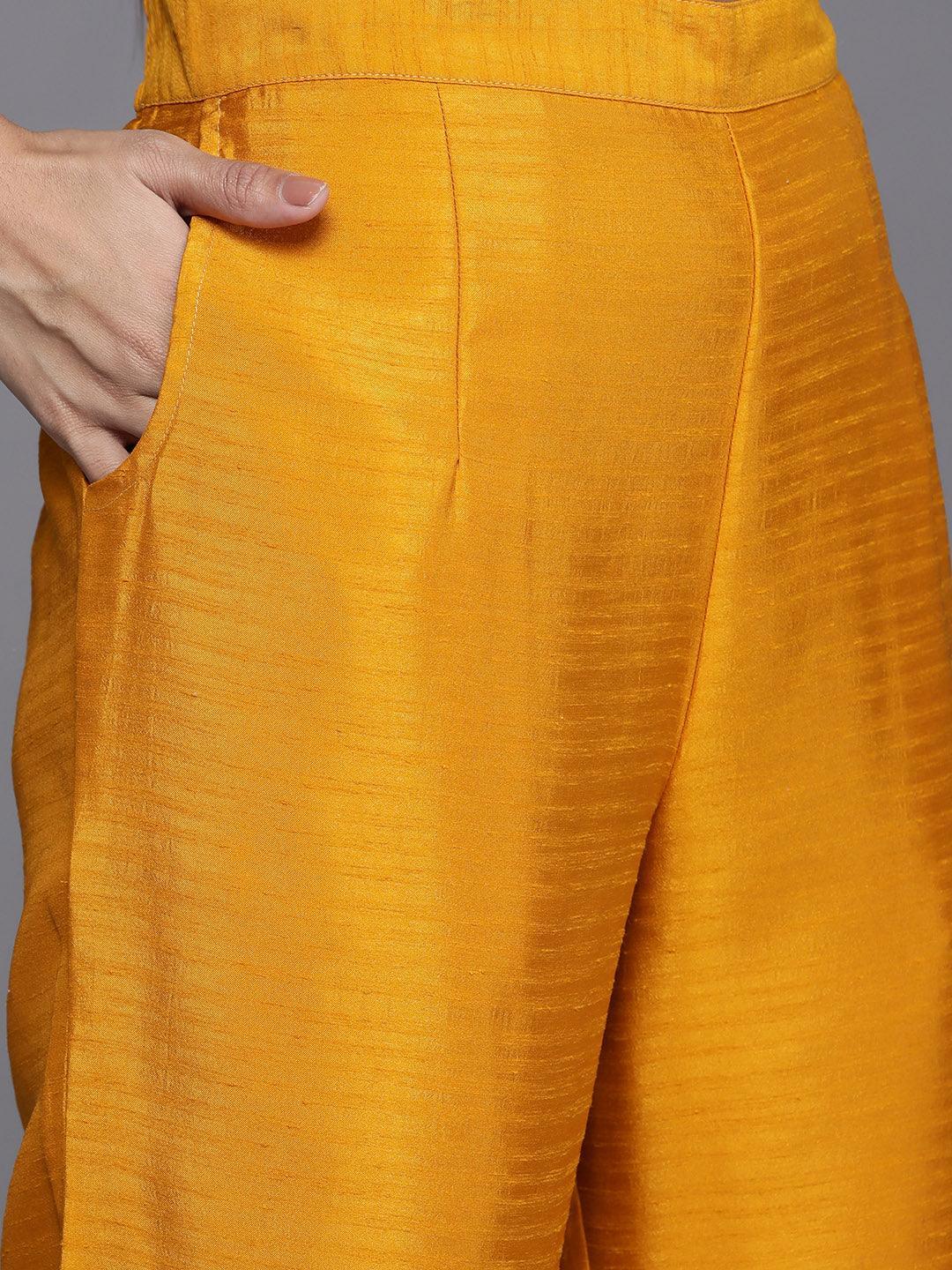 Mustard Solid Silk Blend Straight Kurta With Palazzos & Dupatta