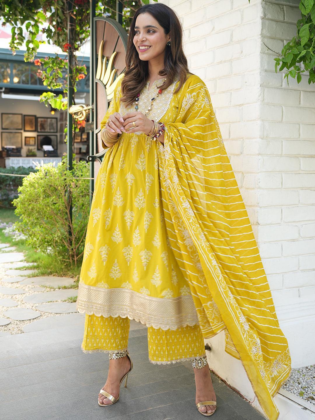 Mustard Yoke Design Cotton A-Line Suit Set With Palazzos