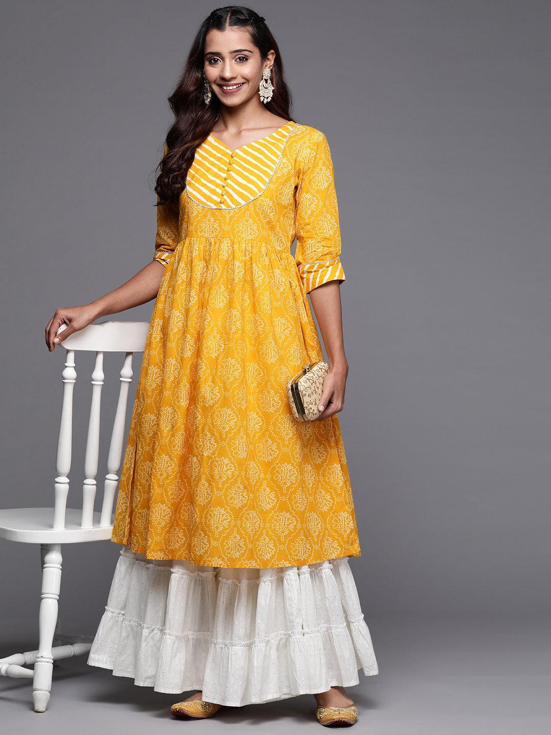 Mustard Yoke Design Cotton Anarkali Kurta