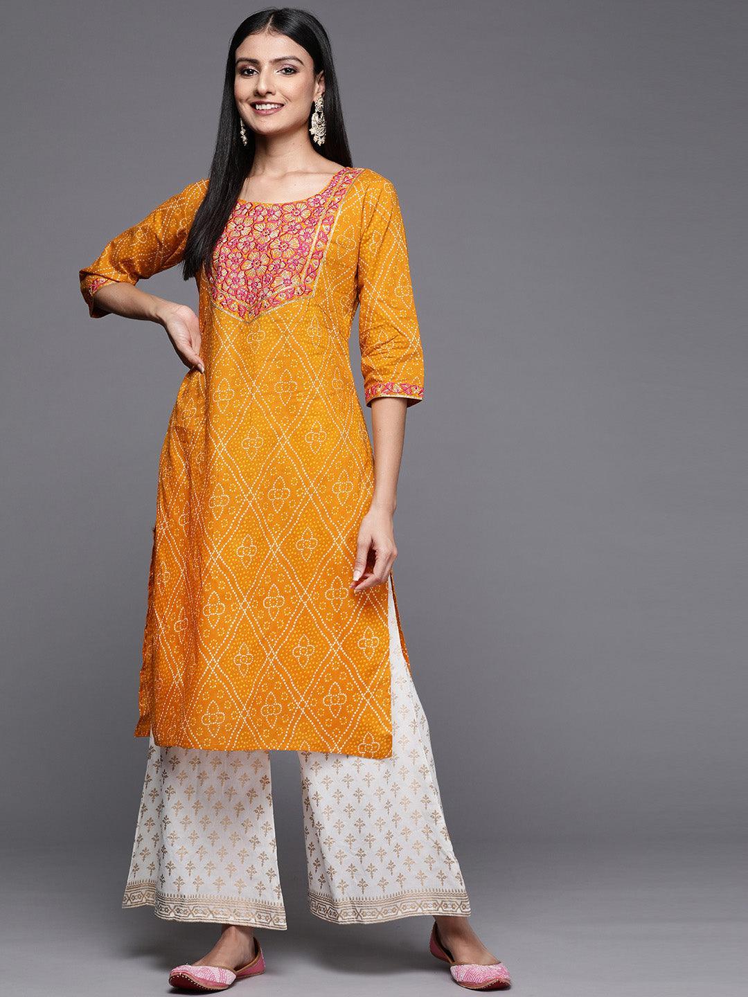 Mustard Yoke Design Cotton Straight Kurta - Libas