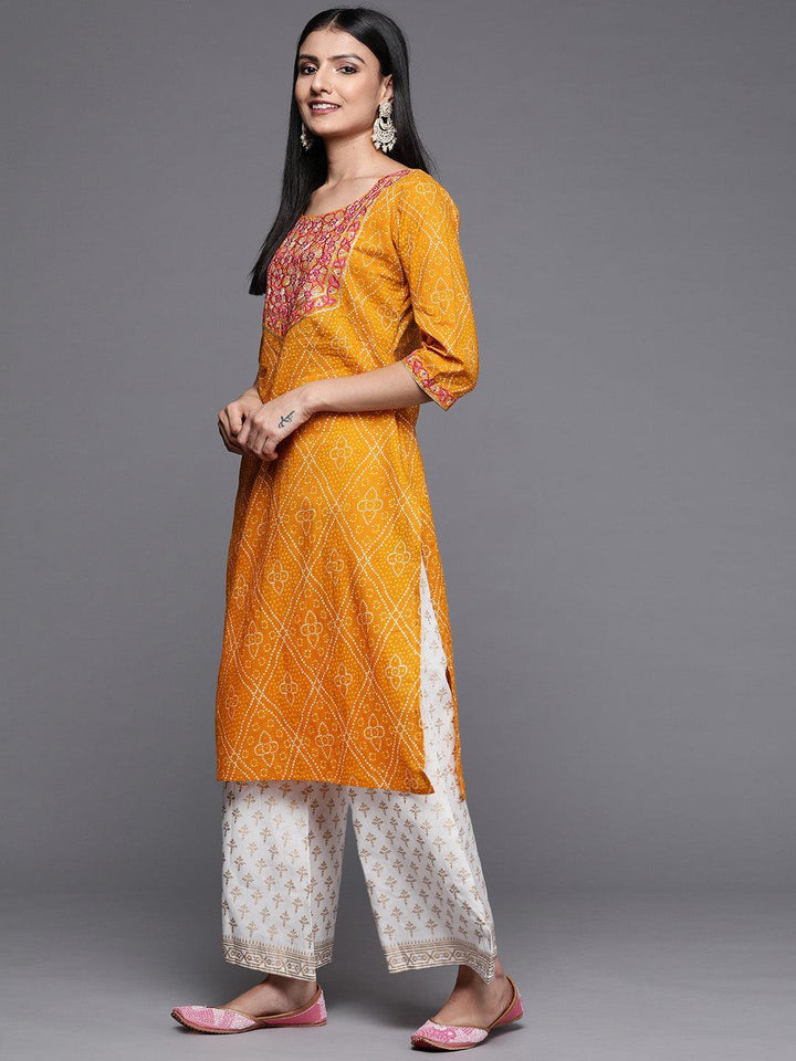 Mustard Yoke Design Cotton Straight Kurta - Libas