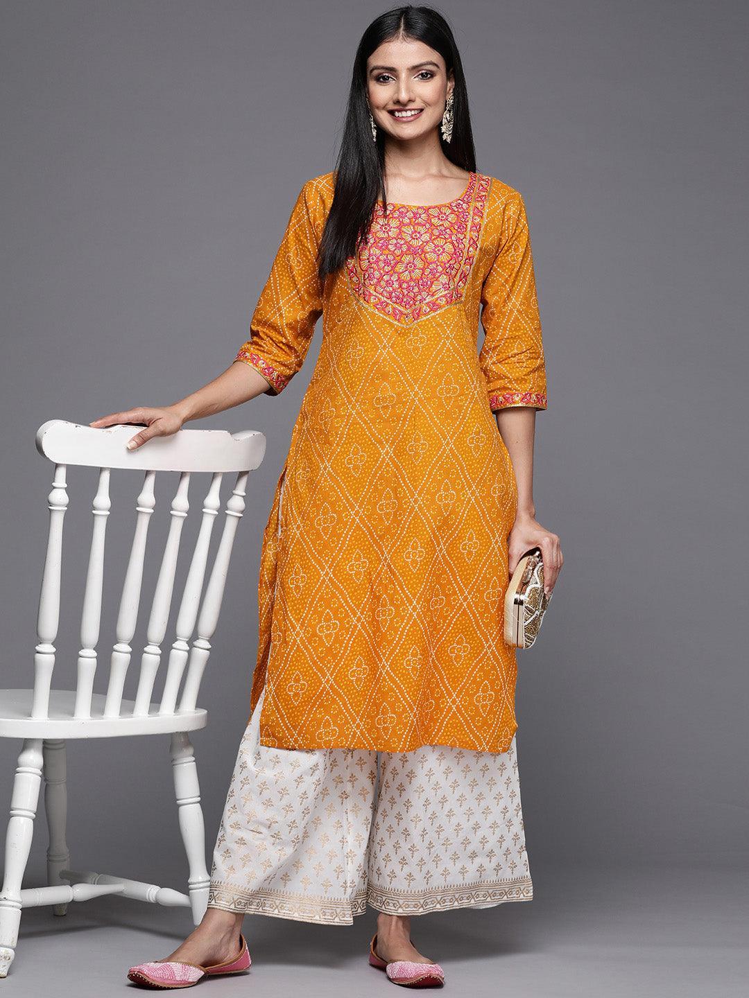 Mustard Yoke Design Cotton Straight Kurta