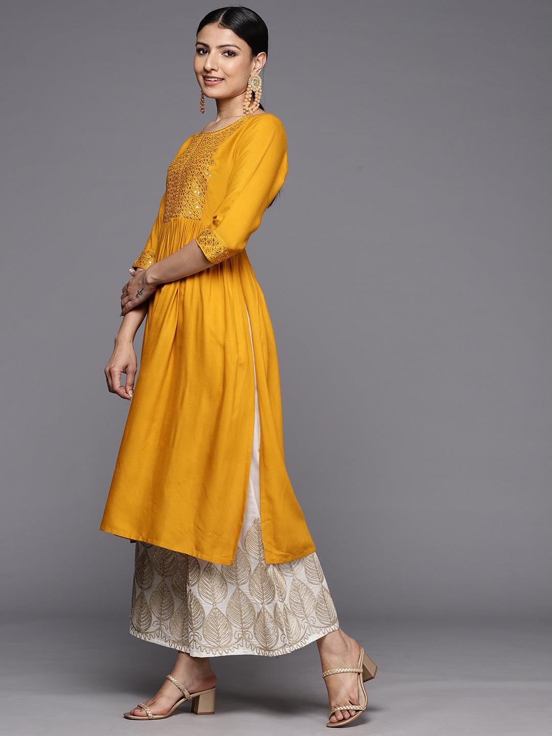 Mustard Yoke Design Rayon A-Line Kurta - Libas