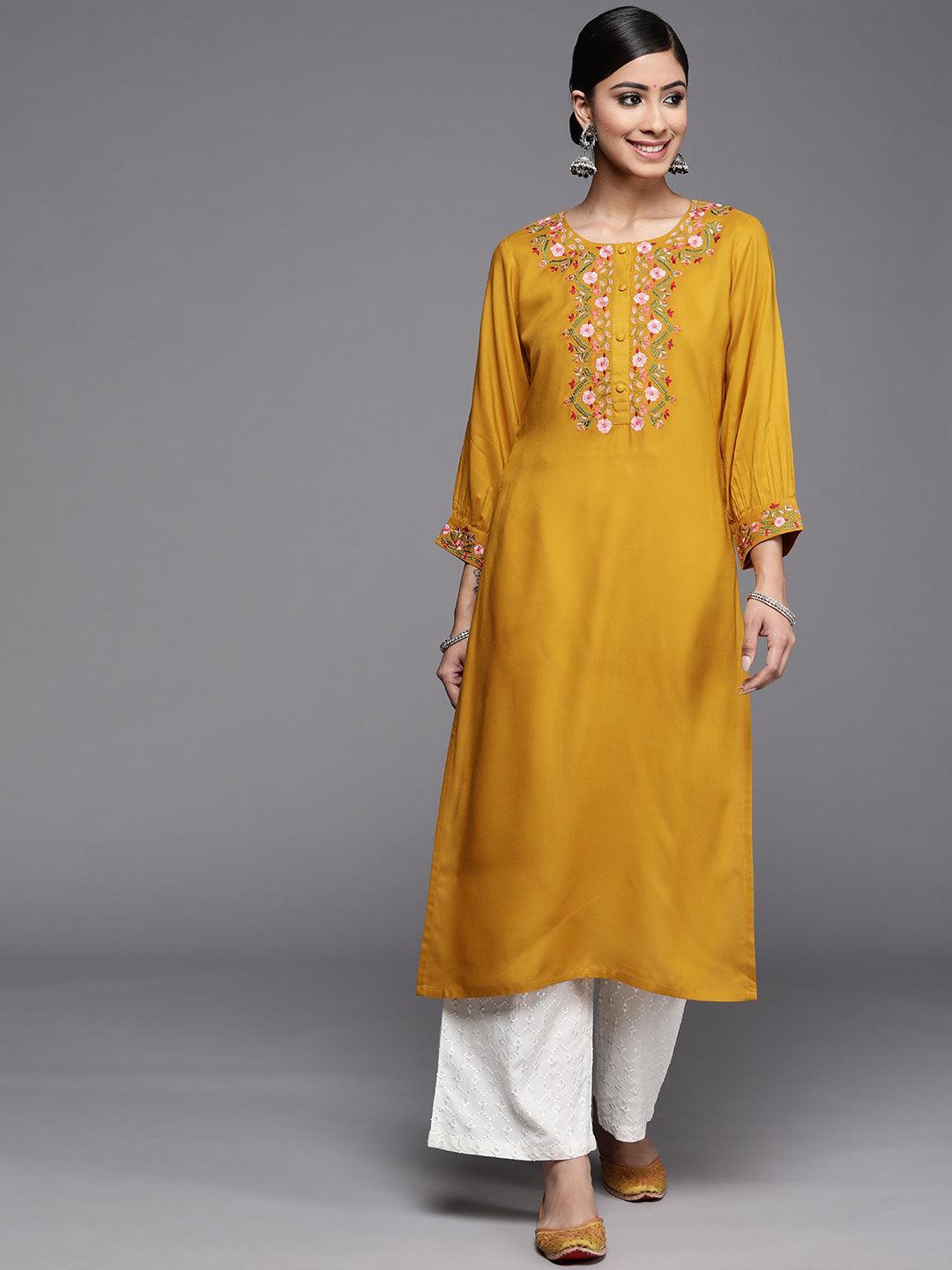 Mustard Yoke Design Rayon Kurta