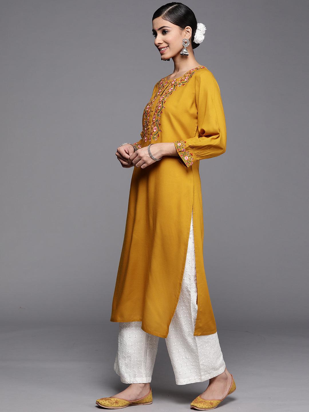 Mustard Yoke Design Rayon Kurta