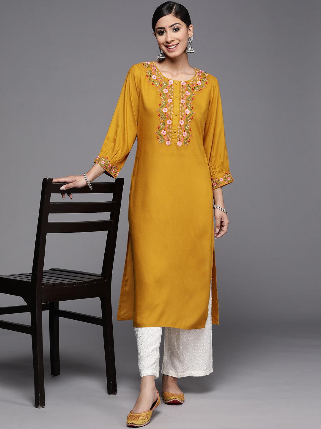 Mustard Yoke Design Rayon Kurta