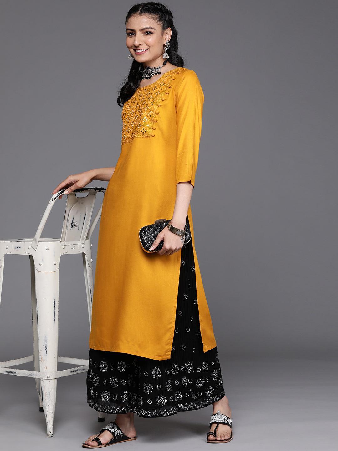 Mustard Yoke Design Rayon Kurta