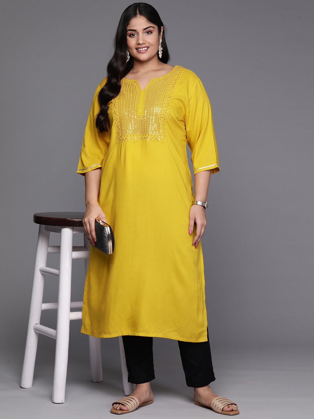 Mustard Yoke Design Rayon Straight Kurta