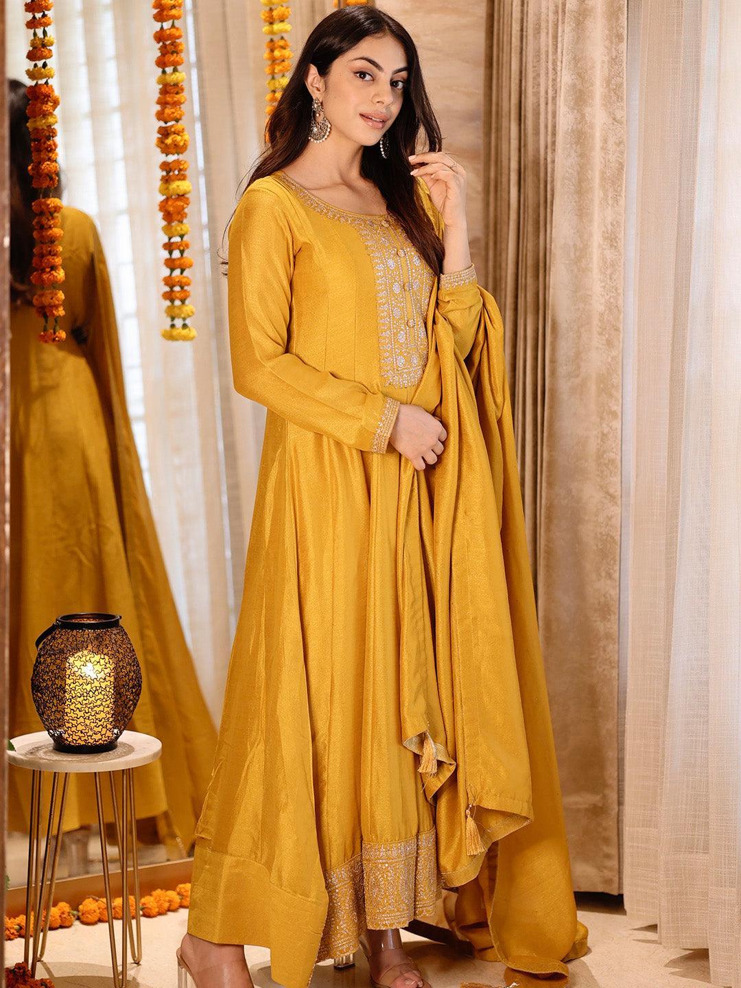 Mustard Yoke Design Silk Blend Anarkali Suit Set