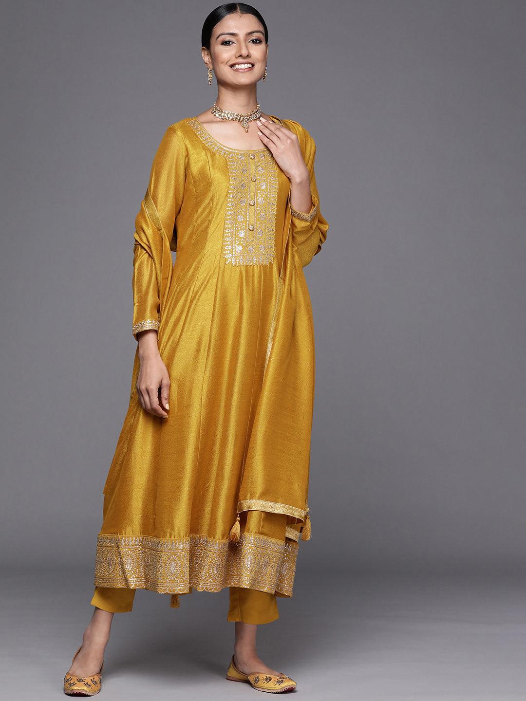 Mustard Yoke Design Silk Blend Anarkali Suit Set