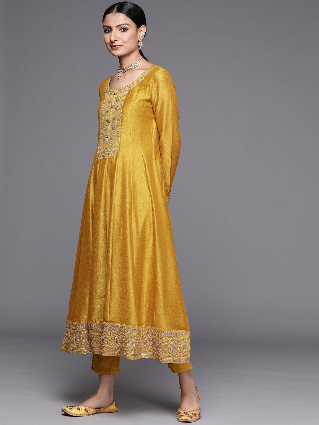 Mustard Yoke Design Silk Blend Anarkali Suit Set