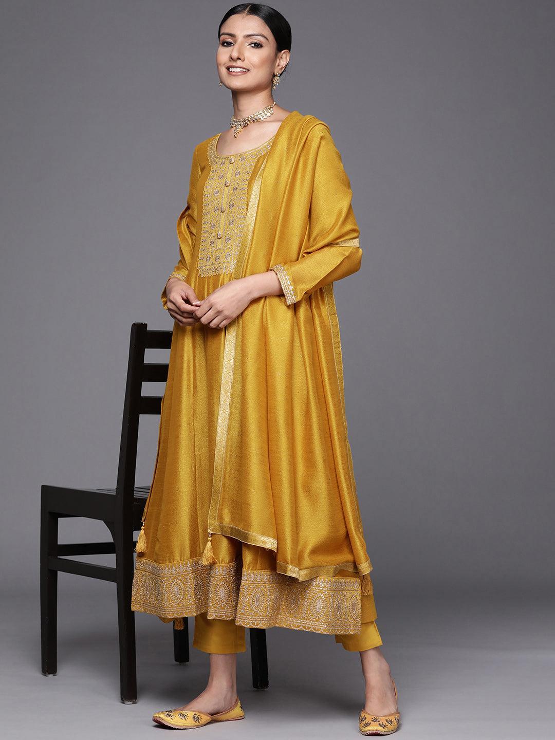 Mustard Yoke Design Silk Blend Anarkali Suit Set