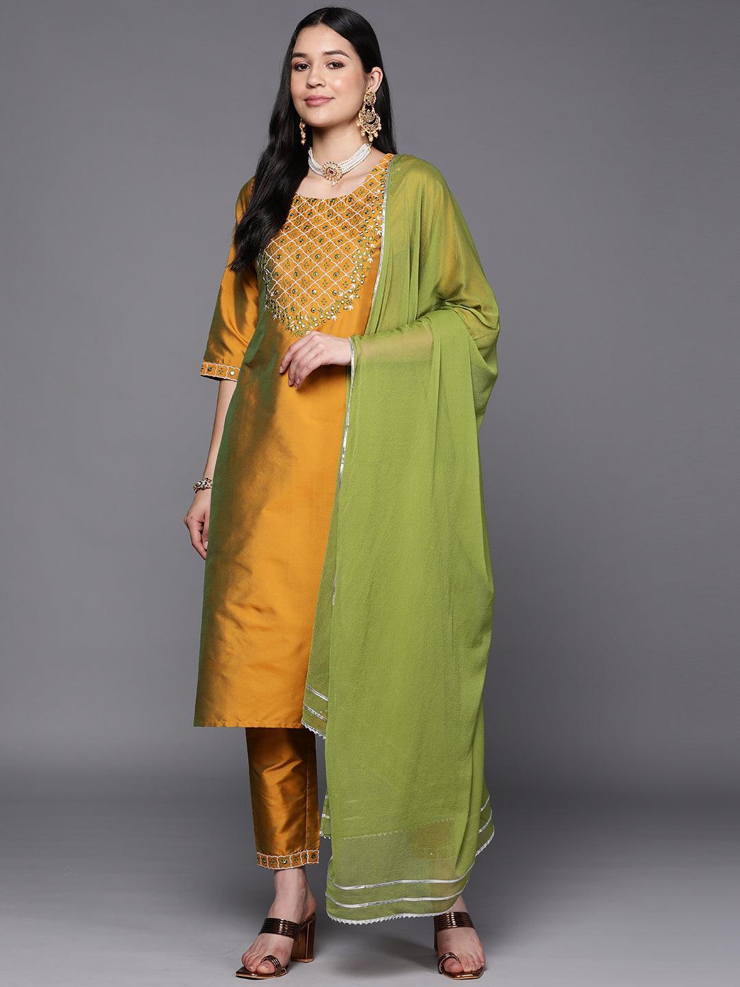 Mustard Yoke Design Silk Blend Suit Set With Trousers - ShopLibas