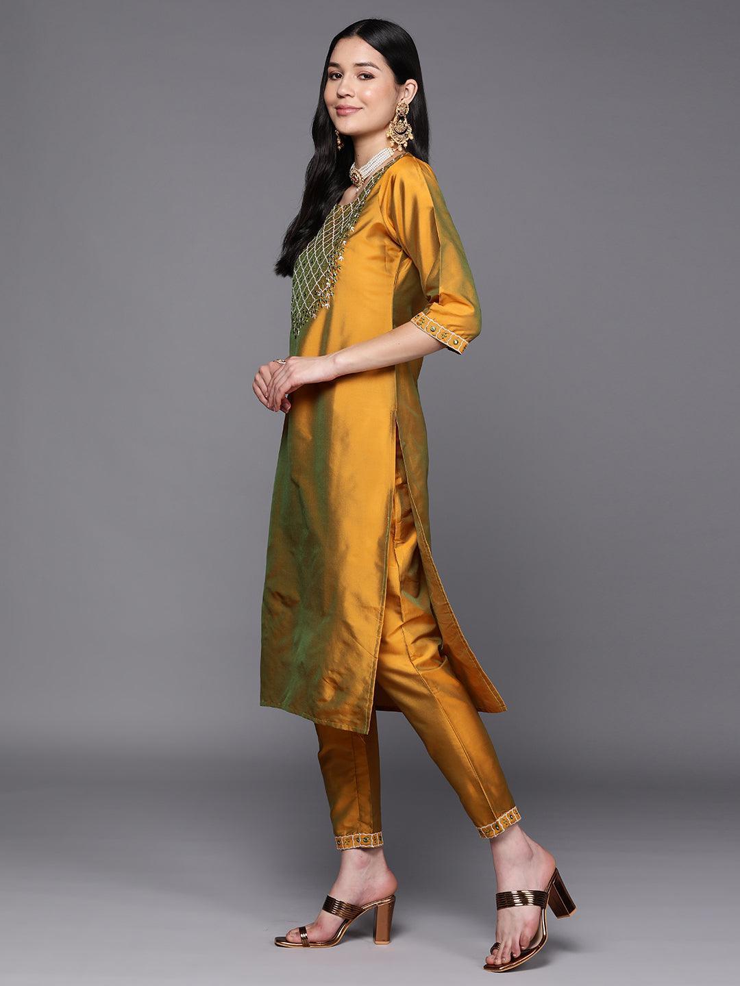 Mustard Yoke Design Silk Blend Suit Set With Trousers