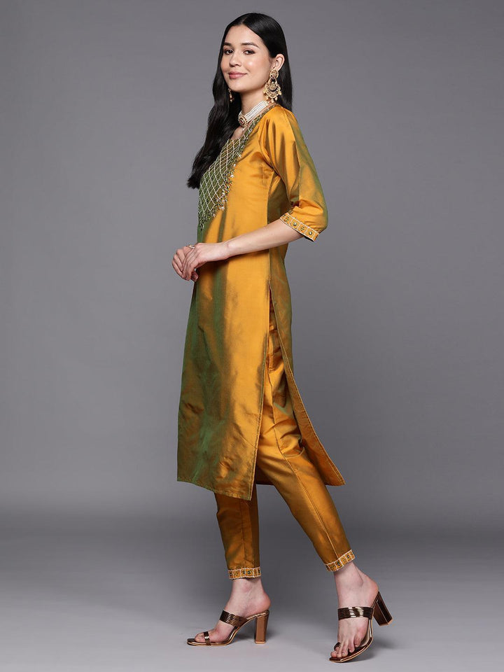 Mustard Yoke Design Silk Blend Suit Set With Trousers - ShopLibas