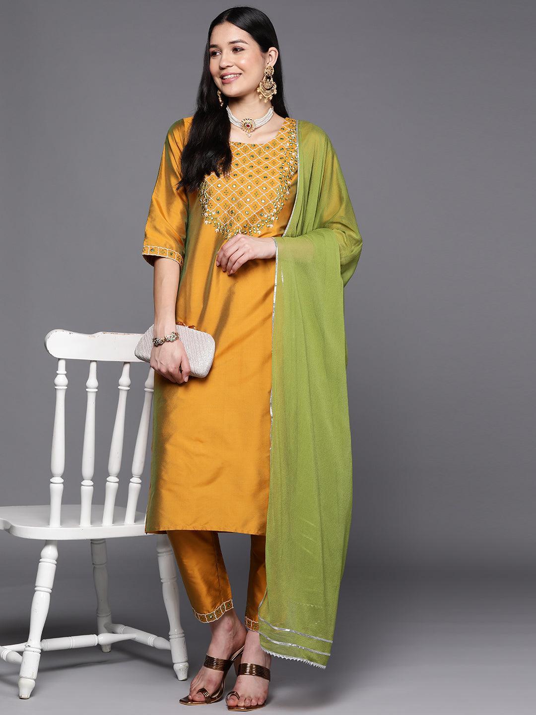 Mustard Yoke Design Silk Blend Suit Set With Trousers