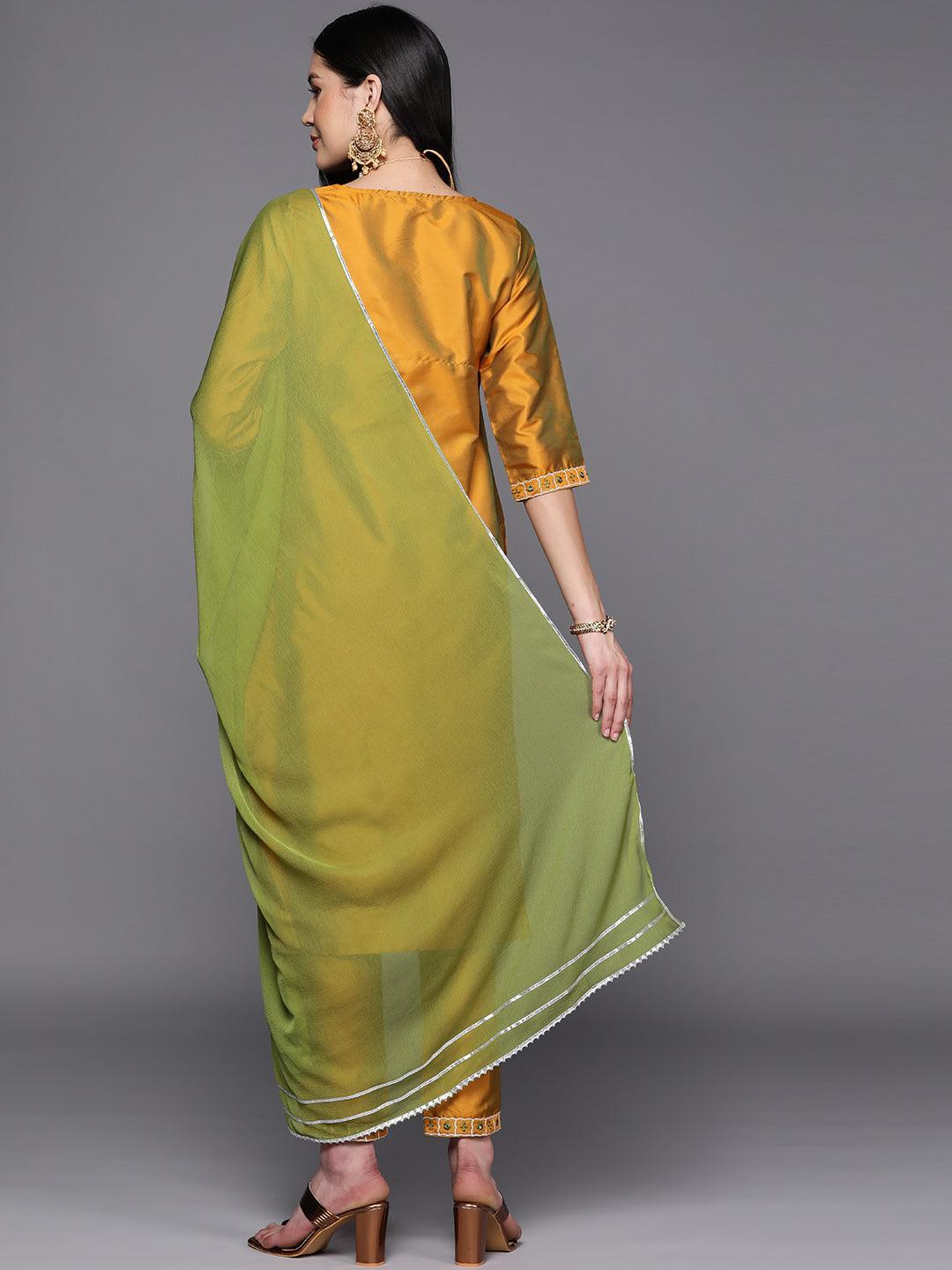 Mustard Yoke Design Silk Blend Suit Set With Trousers