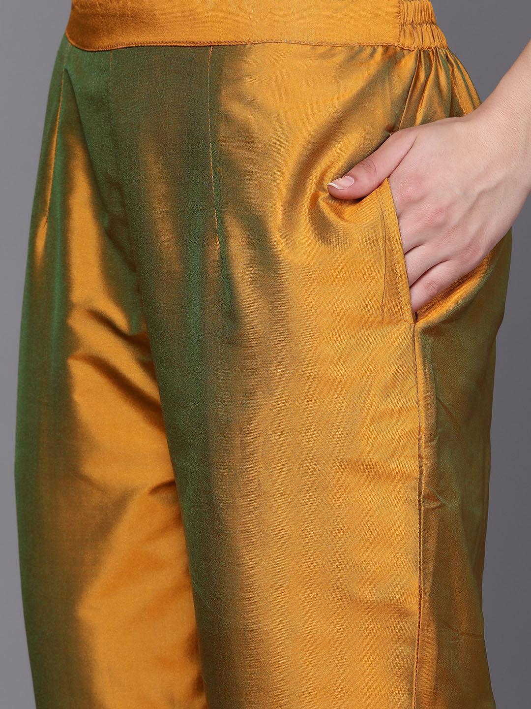 Mustard Yoke Design Silk Blend Suit Set With Trousers