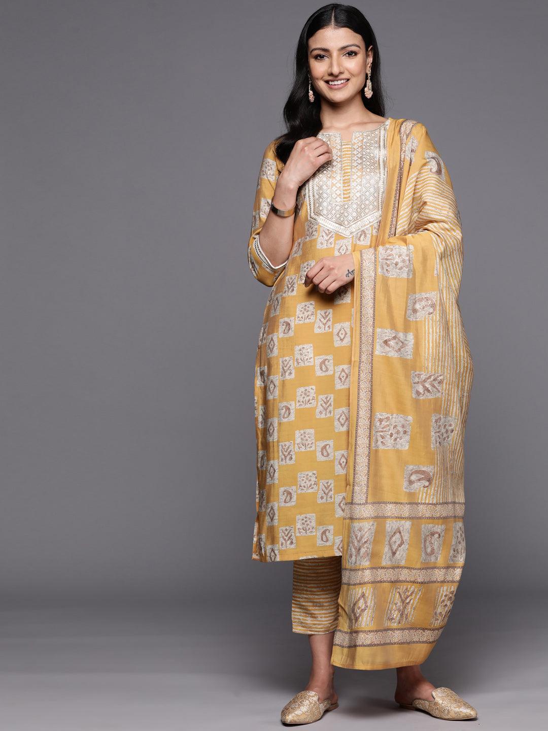 Mustard Yoke Design Silk Blend Straight Suit Set With Trousers