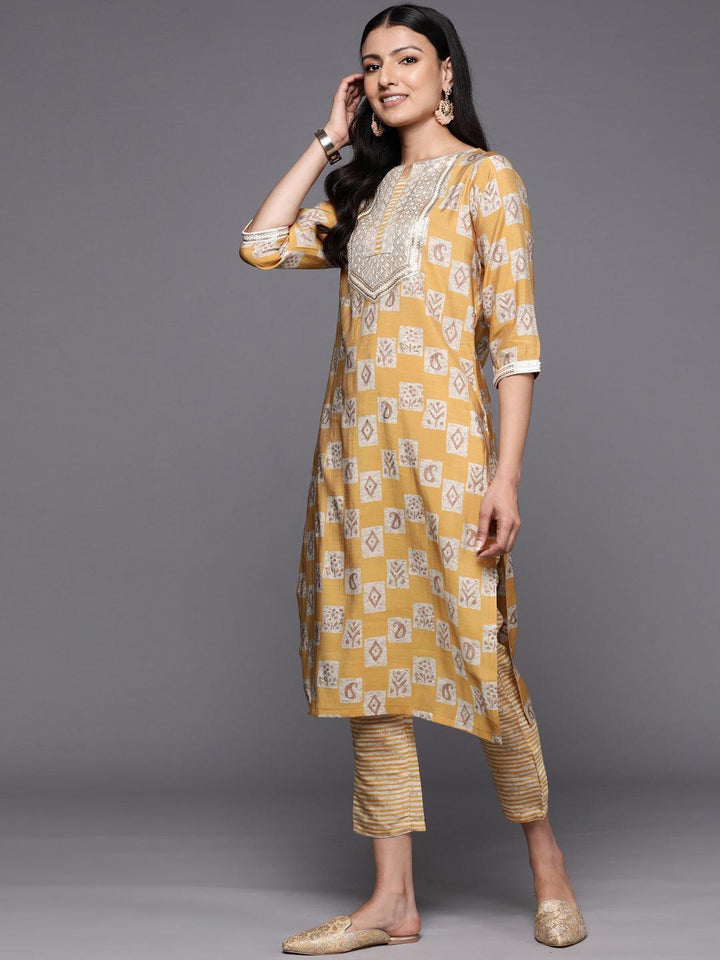 Mustard Yoke Design Silk Blend Straight Suit Set With Trousers - ShopLibas