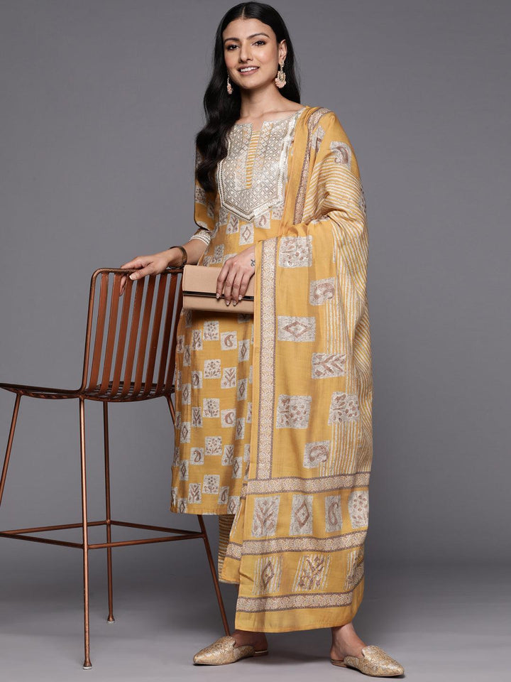 Mustard Yoke Design Silk Blend Straight Suit Set With Trousers - ShopLibas