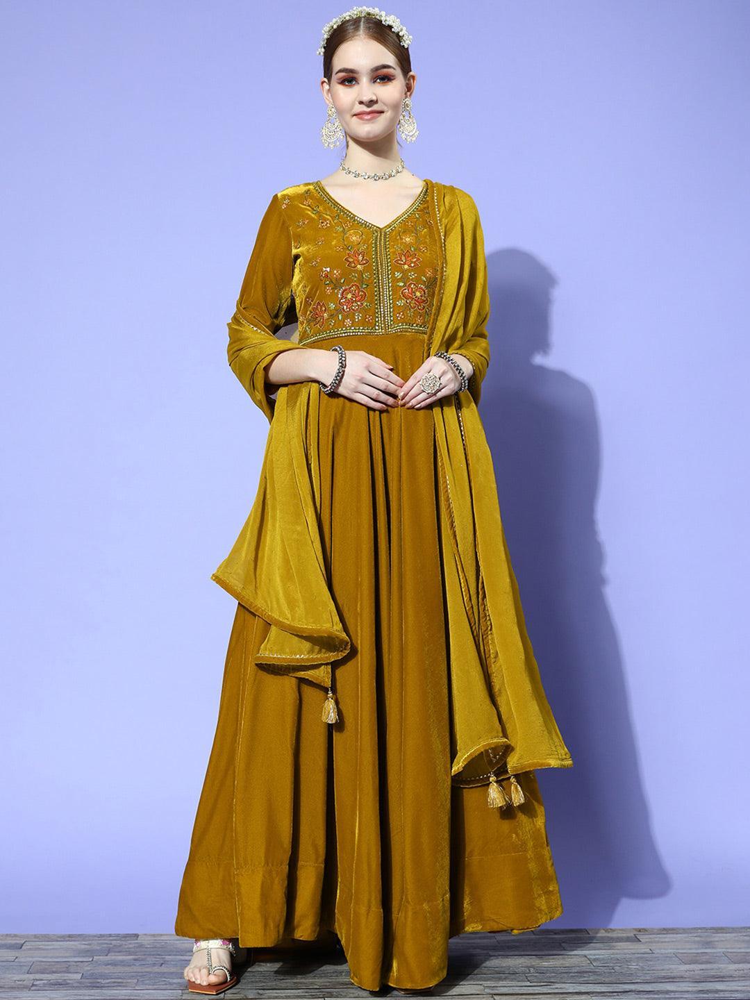 Mustard Yoke Design Velvet Anarkali Suit Set