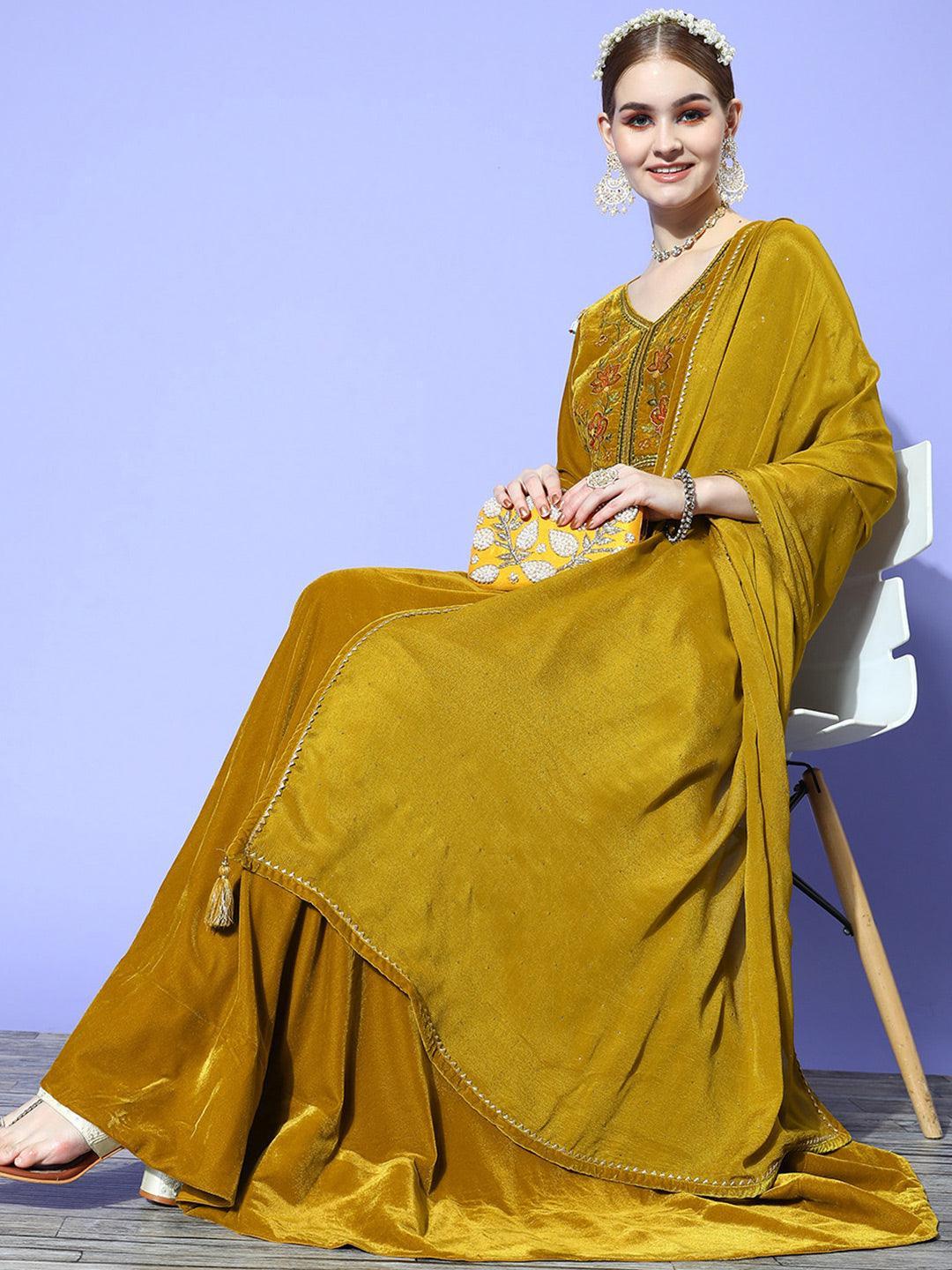 Mustard Yoke Design Velvet Anarkali Suit Set