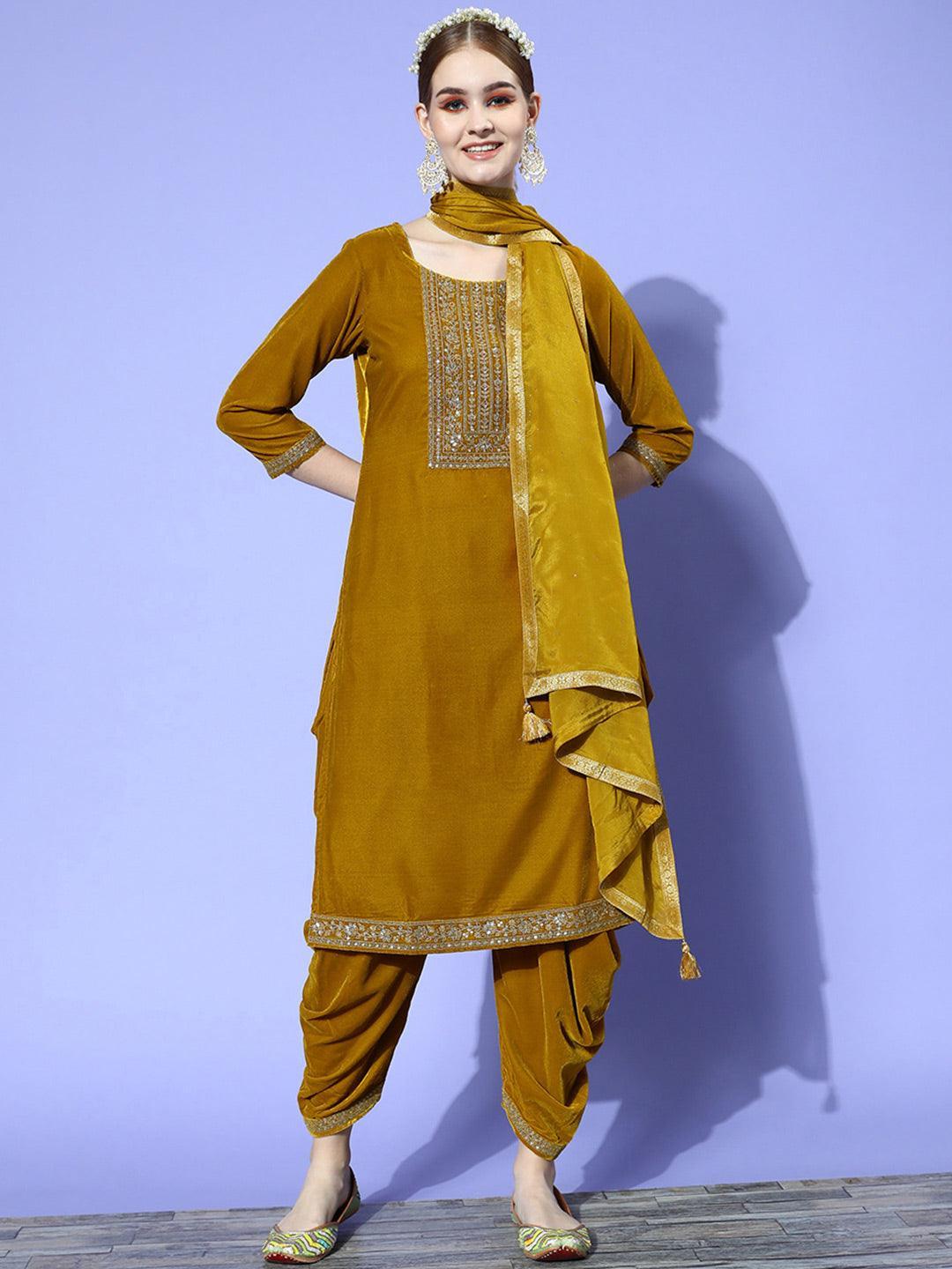 Mustard Yoke Design Velvet Straight Suit Set