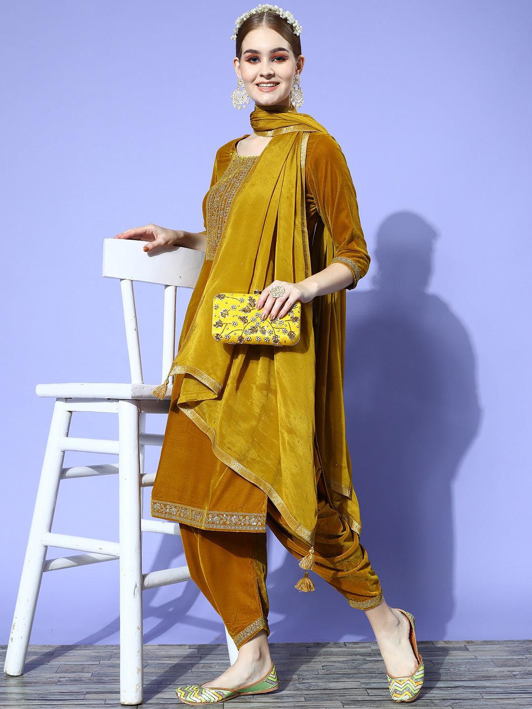 Mustard Yoke Design Velvet Straight Suit Set