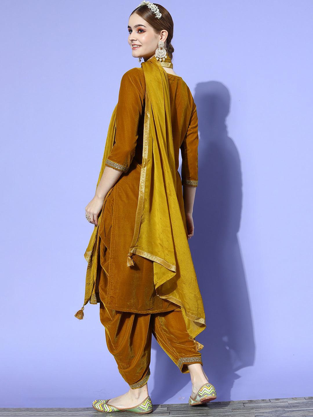 Mustard Yoke Design Velvet Straight Suit Set