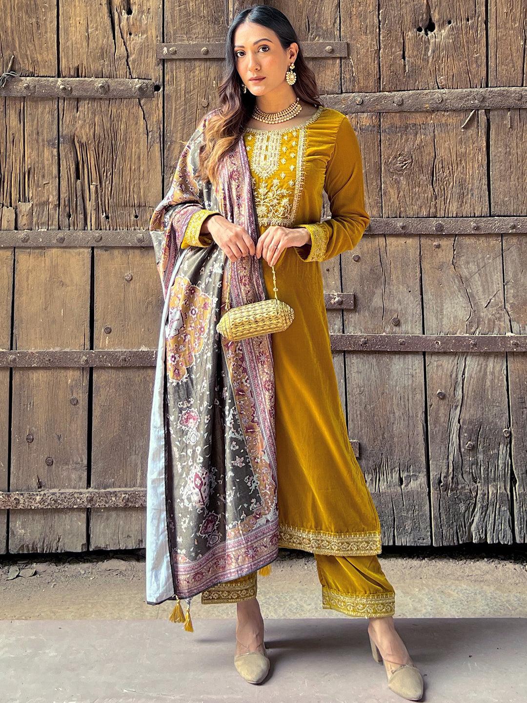 Mustard Yoke Design Velvet Straight Suit Set