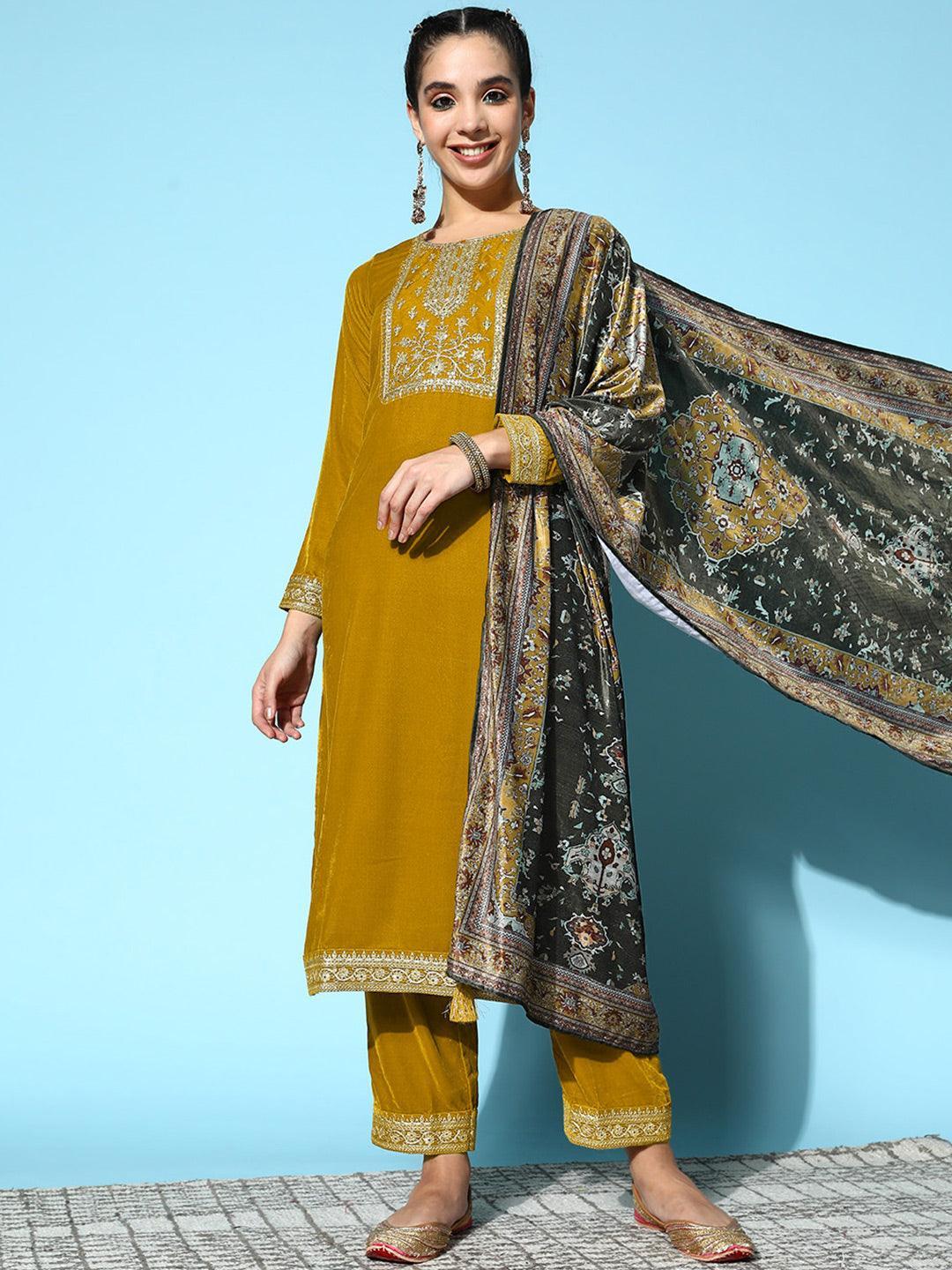 Mustard Yoke Design Velvet Straight Suit Set