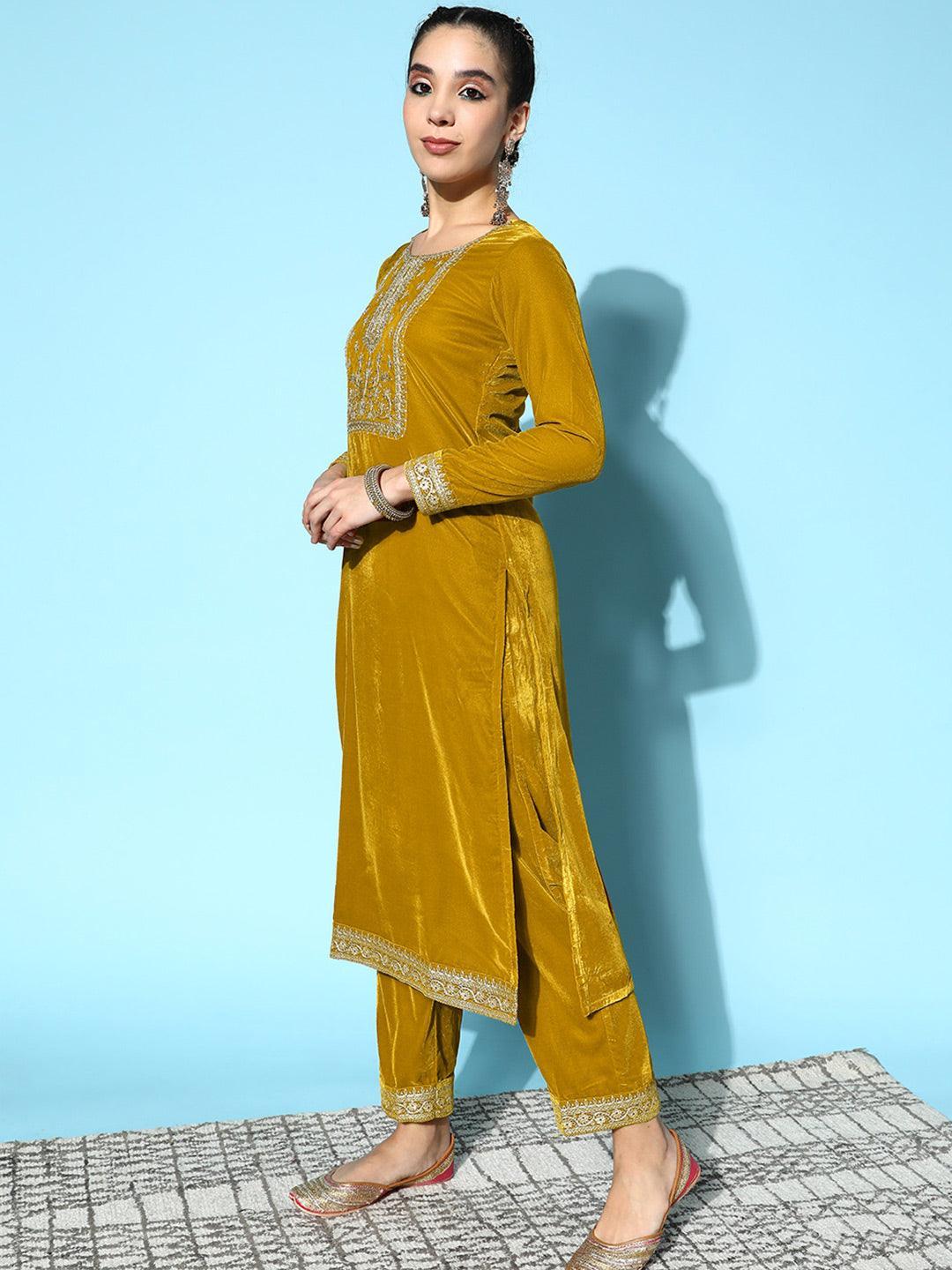 Mustard Yoke Design Velvet Straight Suit Set