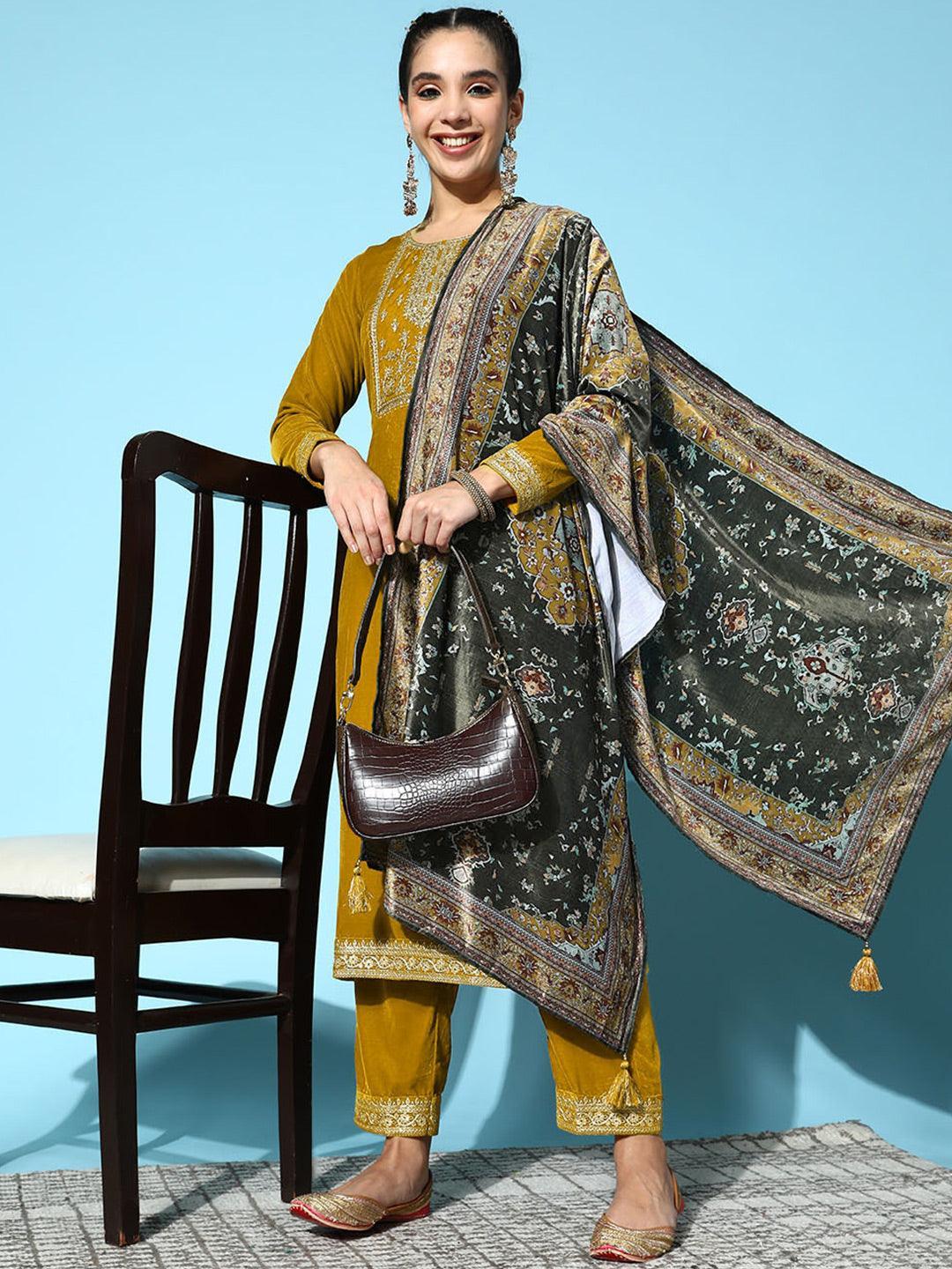 Mustard Yoke Design Velvet Straight Suit Set