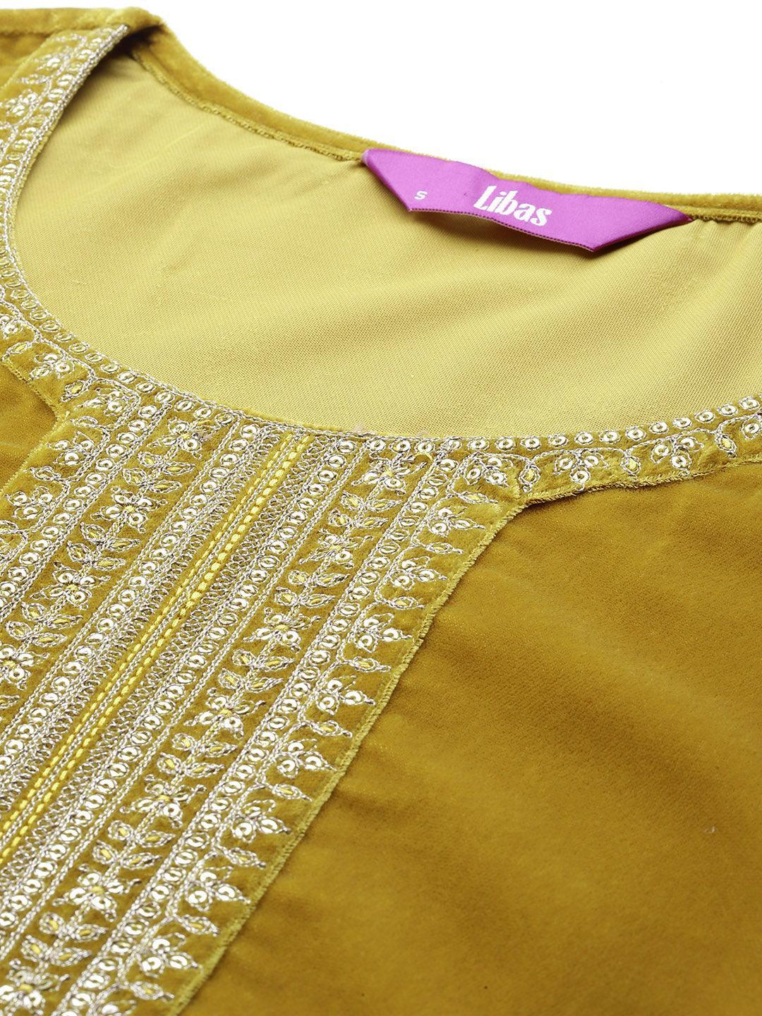 Mustard Yoke Design Velvet Straight Kurta With Trousers & Dupatta - Libas