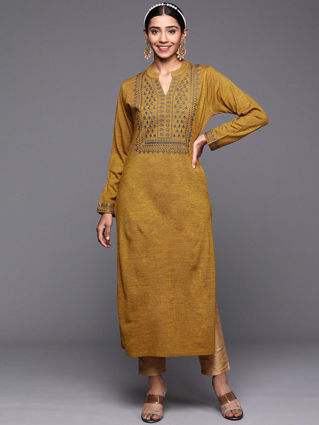 Mustard Yoke Design Wool Straight Kurta