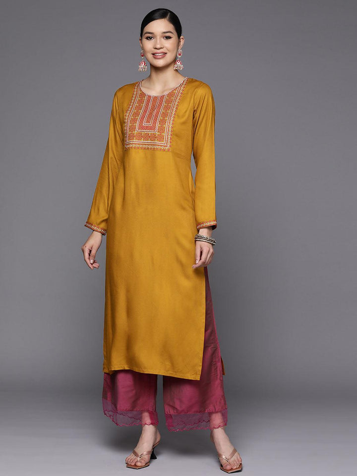 Mustard Yoke Design Wool Straight Kurta - Libas