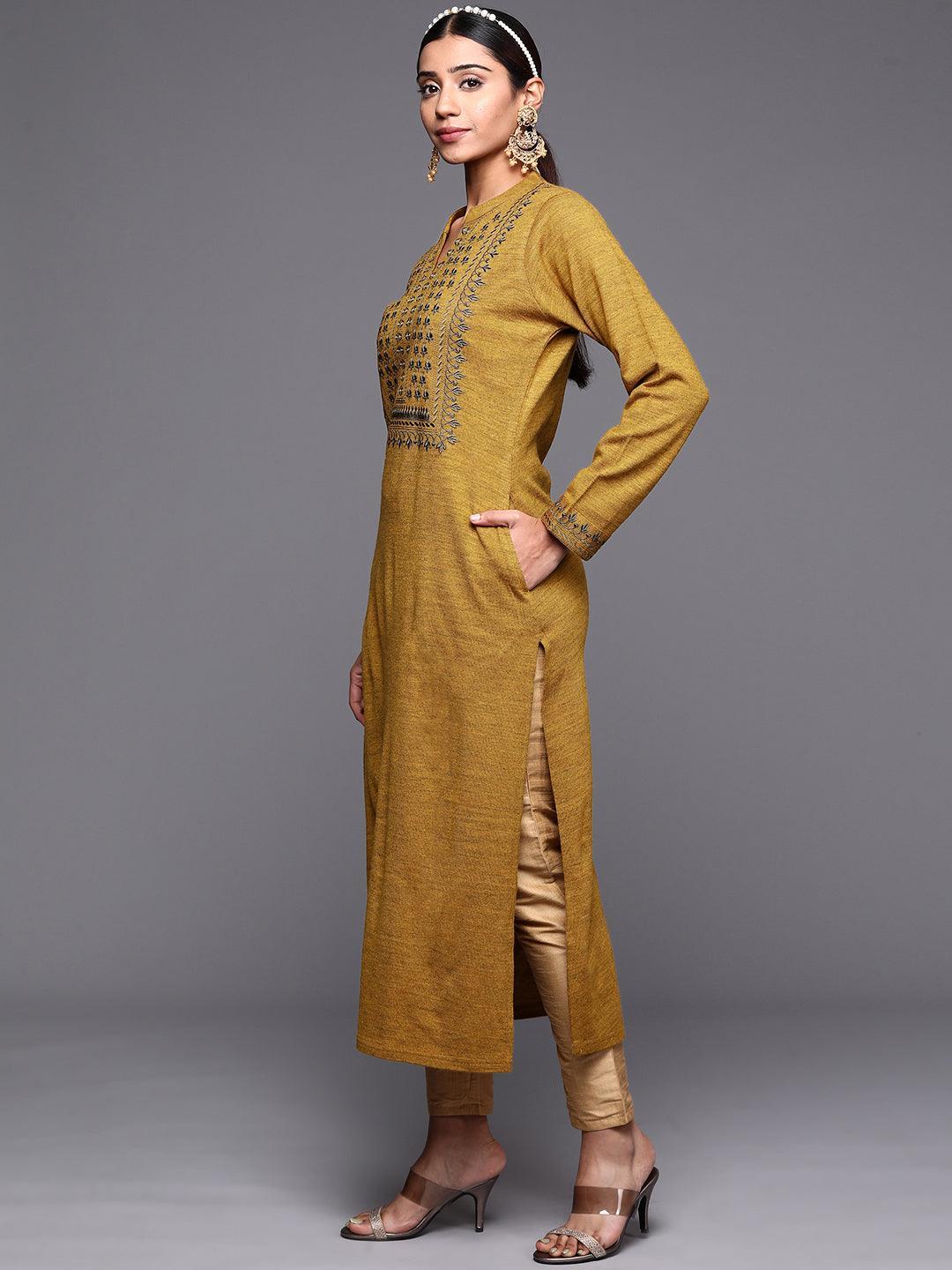 Mustard Yoke Design Wool Straight Kurta