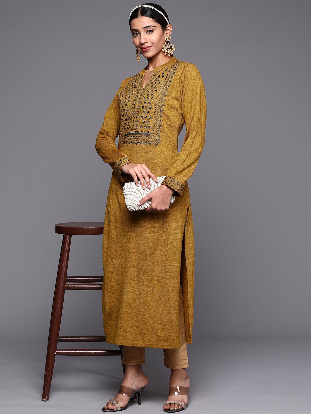 Mustard Yoke Design Wool Straight Kurta